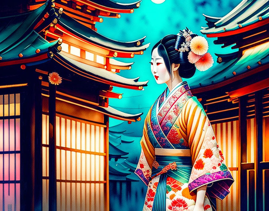 Colorful Geisha in Kimono with Traditional Japanese Architecture