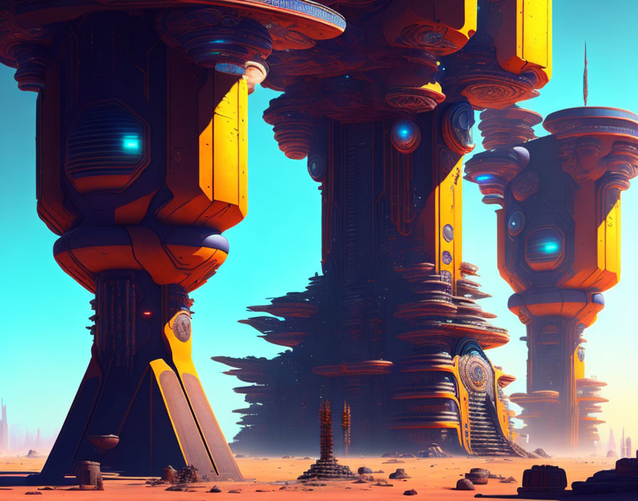 Futuristic alien city with towering structures and blue glowing elements in warm, hazy sky