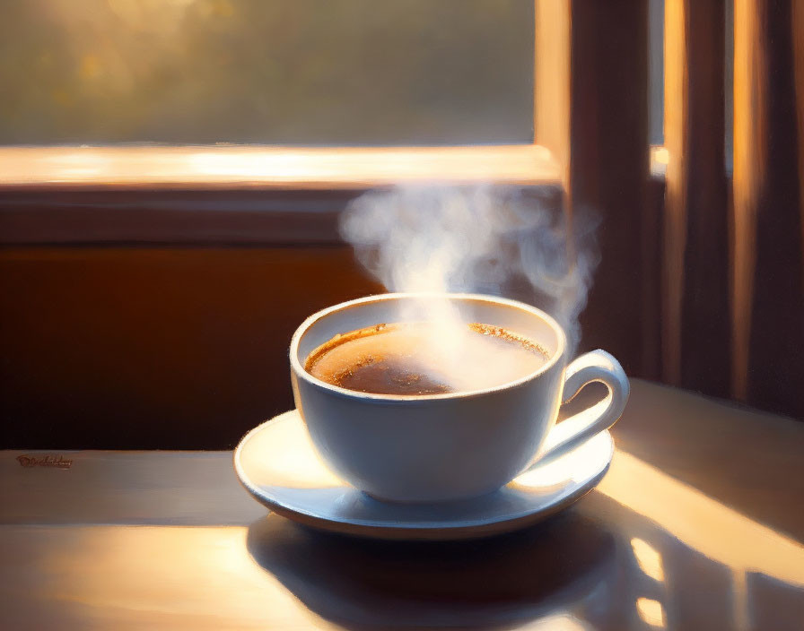 Steaming Cup of Coffee on Wooden Surface in Sunlit Setting