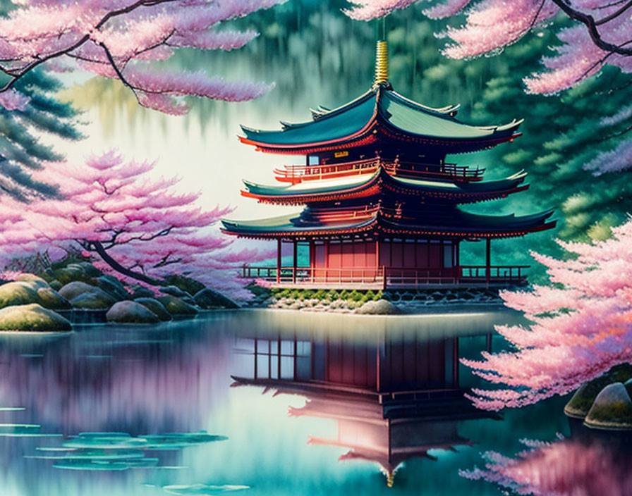 Traditional Japanese pagoda with cherry blossoms and water reflections