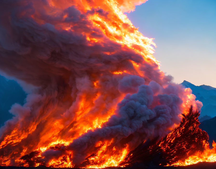 Volcanic eruption spewing ash and smoke at twilight