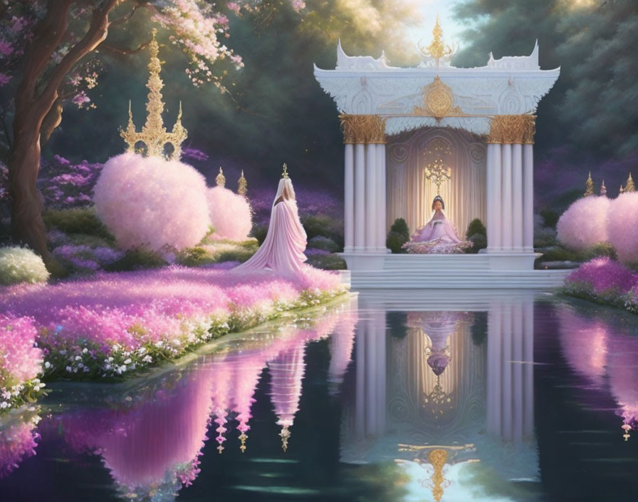 Fantasy landscape with woman, throne, flowers & trees