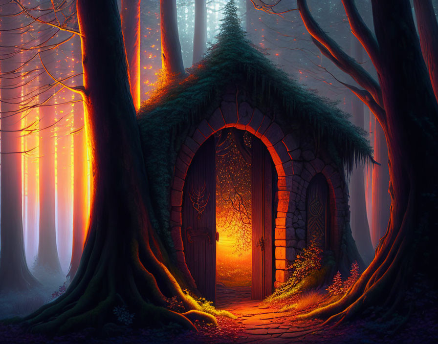 Mystical forest twilight with arched doorway illuminated