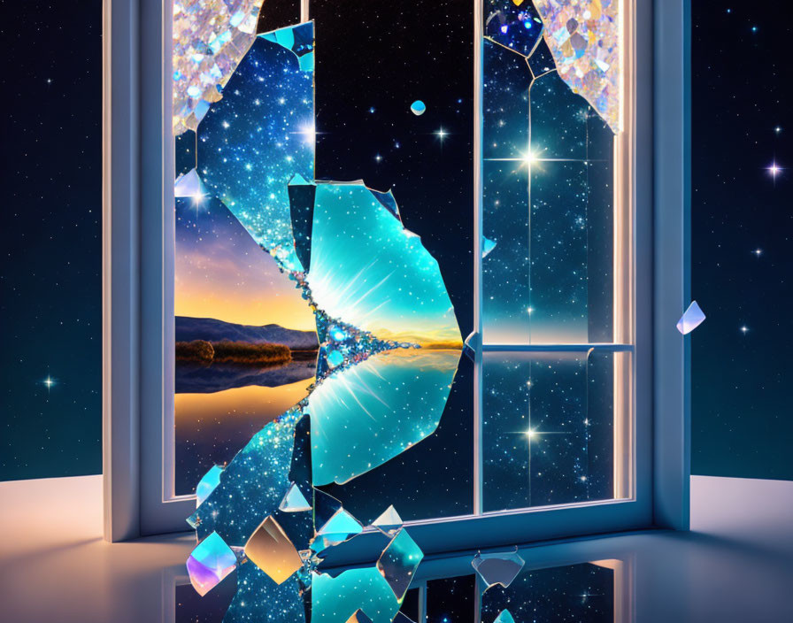 Shattered window reveals surreal cosmic landscape