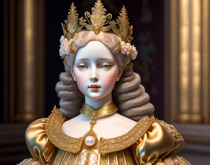 Regal porcelain doll with golden crown and intricate attire on dark background