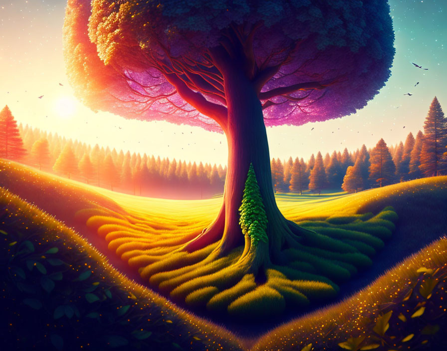 Majestic tree in vibrant fantasy landscape with purple leaves