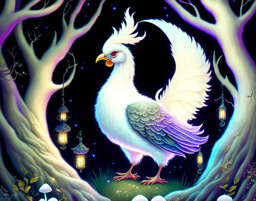 Majestic white bird with elaborate plumage in mystical forest at night