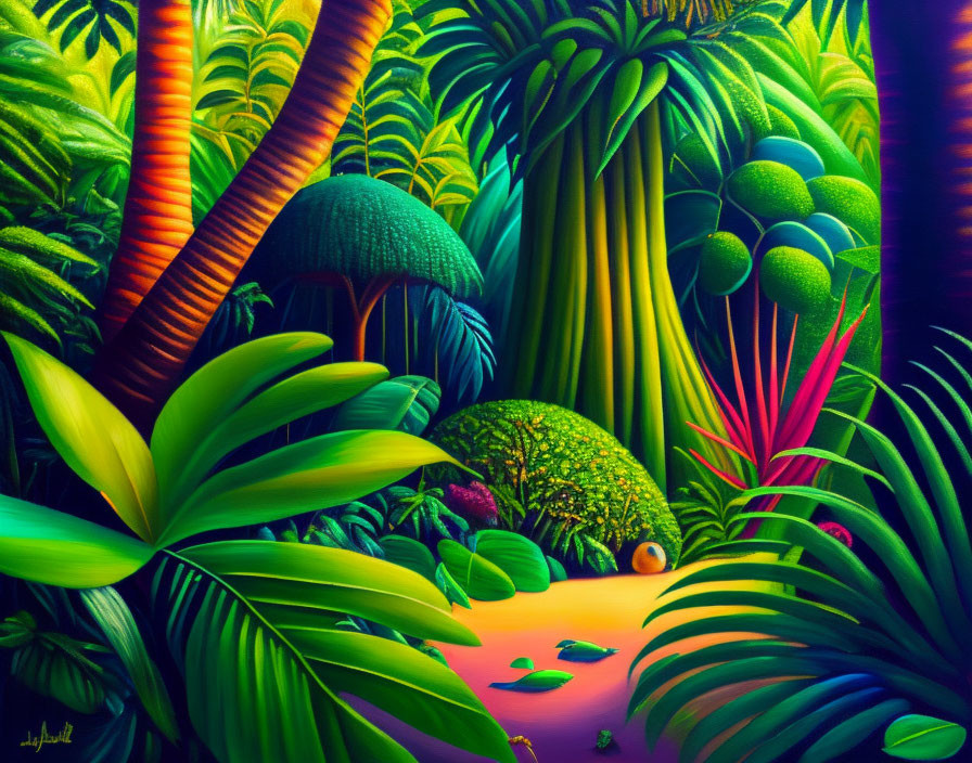 Colorful Jungle Painting with Exaggerated Plants and Neon Path