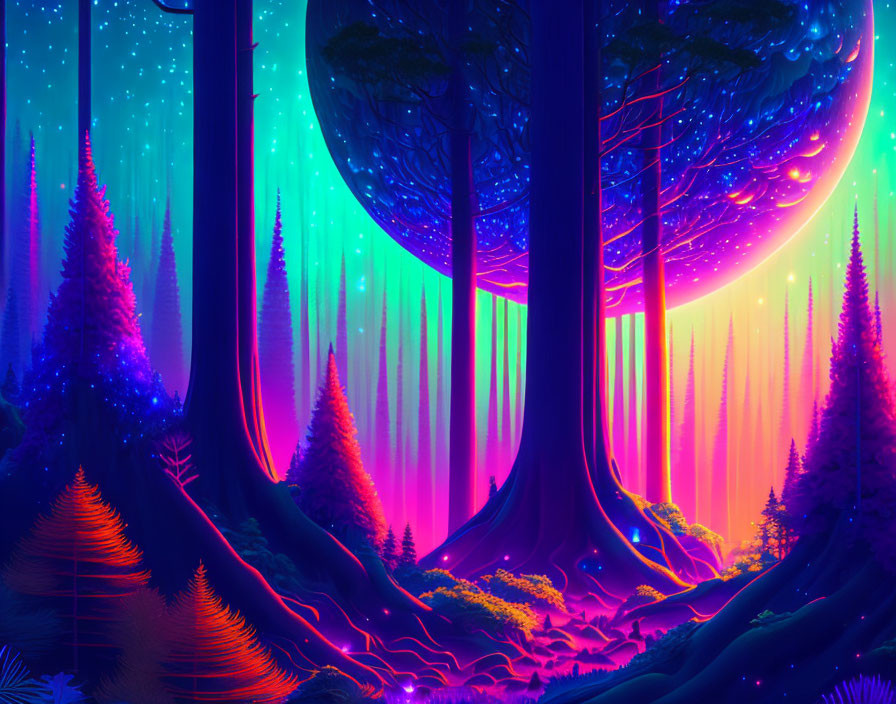 Colorful neon-lit fantasy forest with towering trees and starry sky