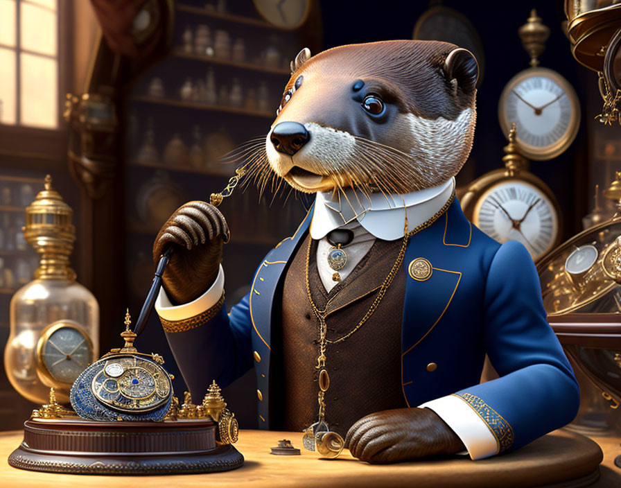 Anthropomorphic otter in elegant suit with monocle surrounded by antique clocks