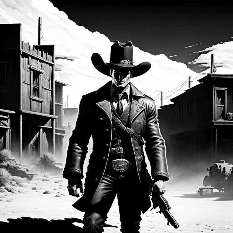 Monochrome cowboy illustration in long coat and hat with gun in Wild West town