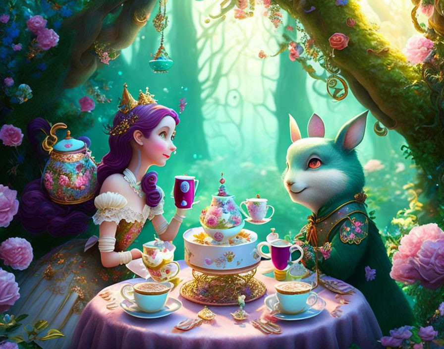 Enchanted forest tea party with princess and rabbit