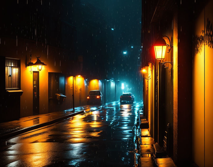 City street at night with cars' taillights reflecting on wet pavement