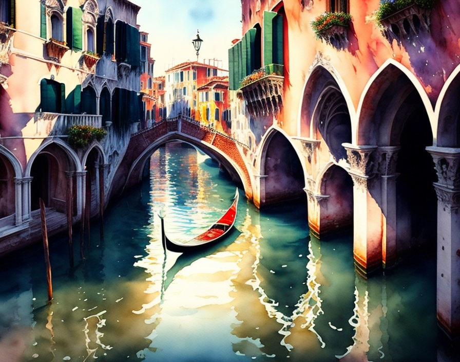 Colorful Venetian Canal with Gondola and Arched Bridge