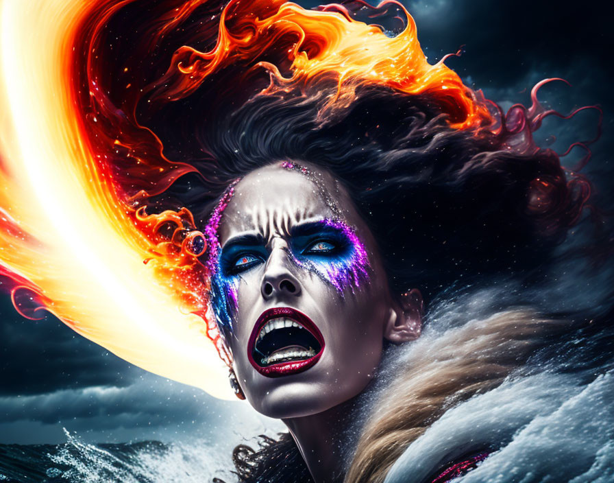 Fiery-haired woman with vibrant makeup in dramatic storm setting