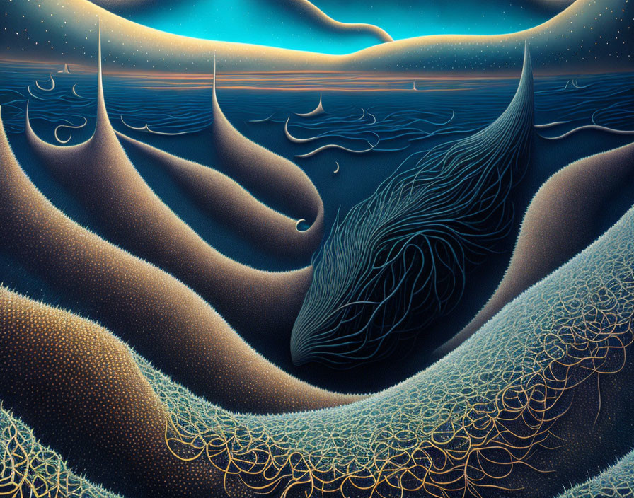 Surreal whale swimming in intricate wave patterns