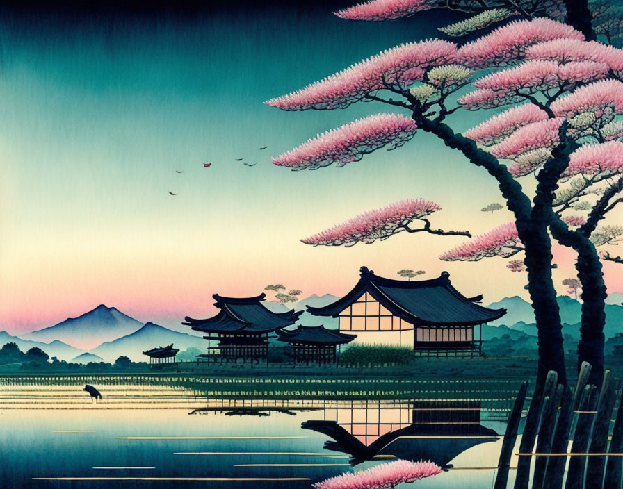 Japanese Landscape: Pink Blossoming Trees, Pagoda Buildings, Rice Field, Mountains at Twilight