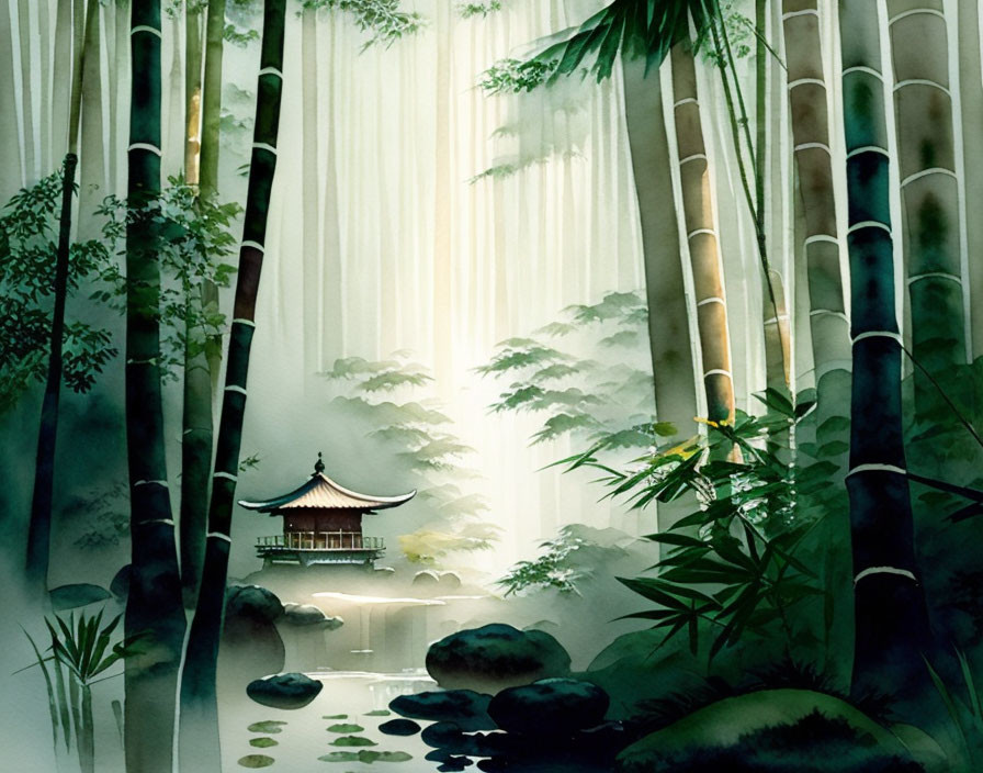 Tranquil bamboo forest with serene pagoda and pond surrounded by greenery