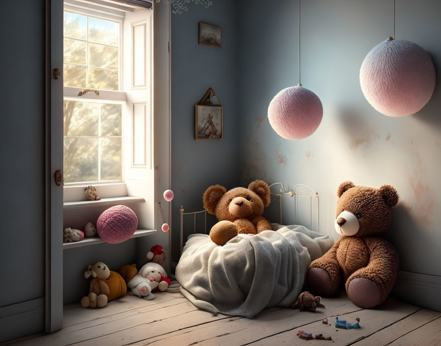 Child's Room at Dawn with Teddy Bears, Toys, and Blanket