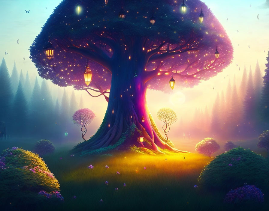 Mystical tree with glowing lanterns in vibrant magical forest