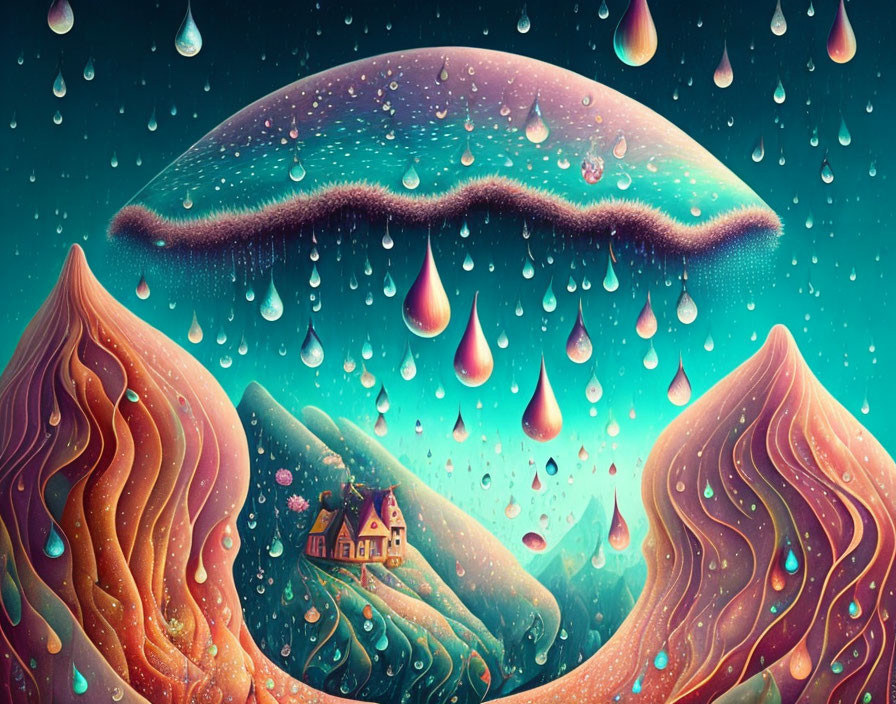 Surreal landscape with rolling hills, cozy house, dewy lips, raindrops, starry