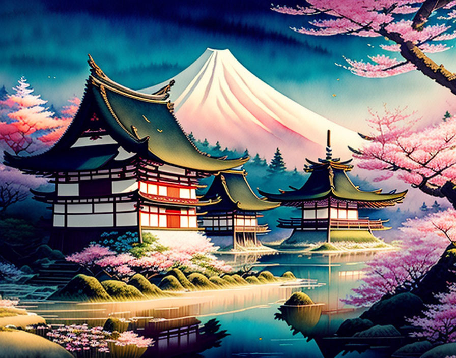 Traditional Japanese Pagoda Buildings by Lake with Mount Fuji and Cherry Blossoms