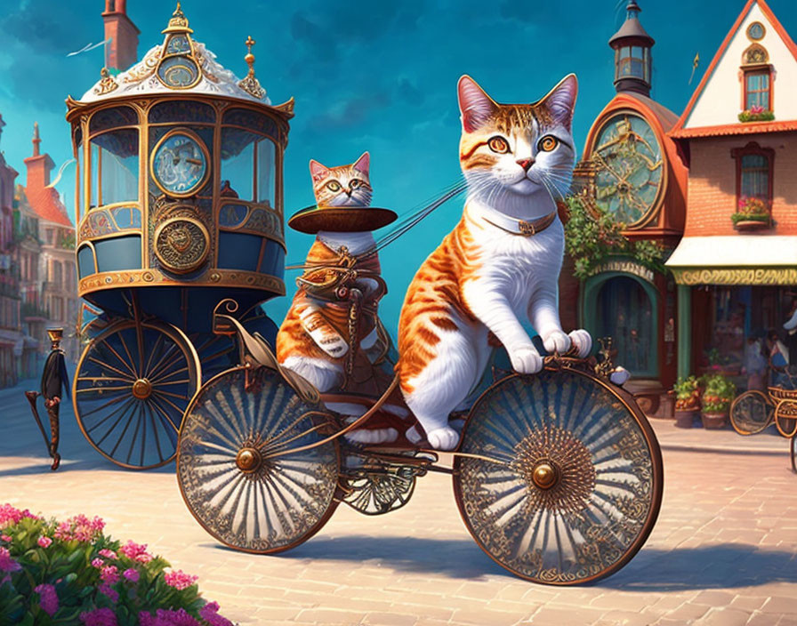 Anthropomorphic cats on vintage bicycle in quaint town square.