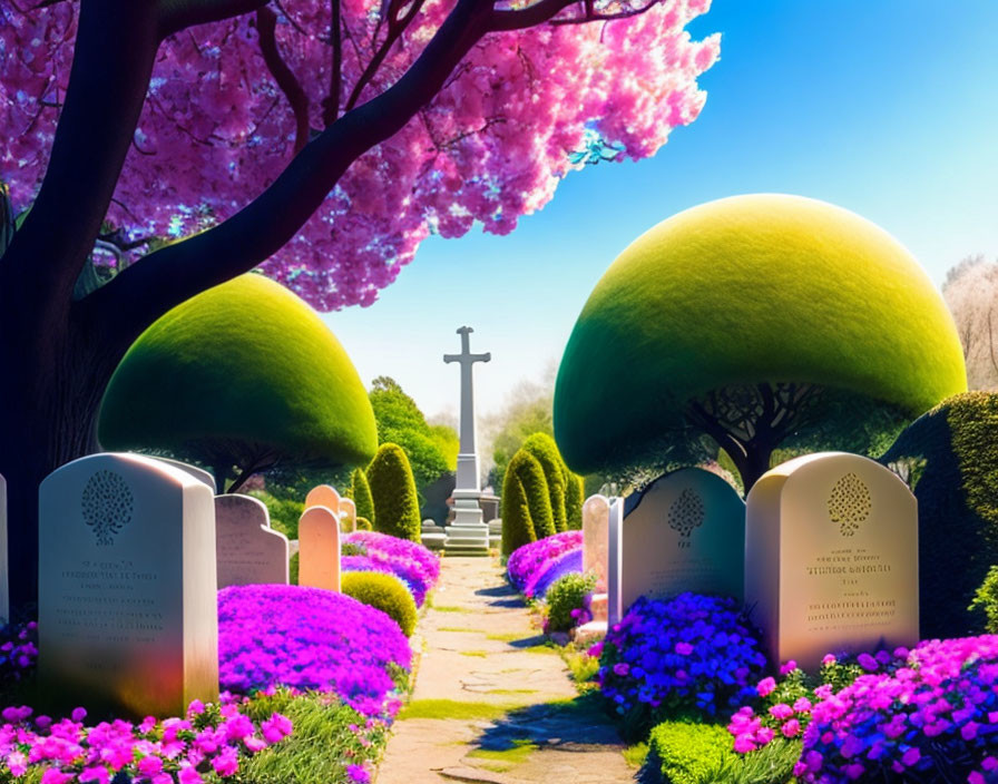 Colorful cemetery with pink flowers, green bushes, and cross monument