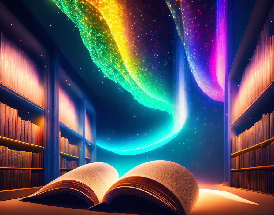 Colorful Night Sky Streams from Open Book on Table