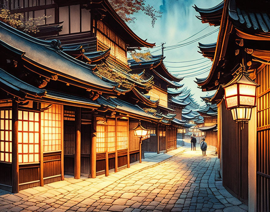 Traditional Japanese street with wooden buildings and glowing lanterns at dusk