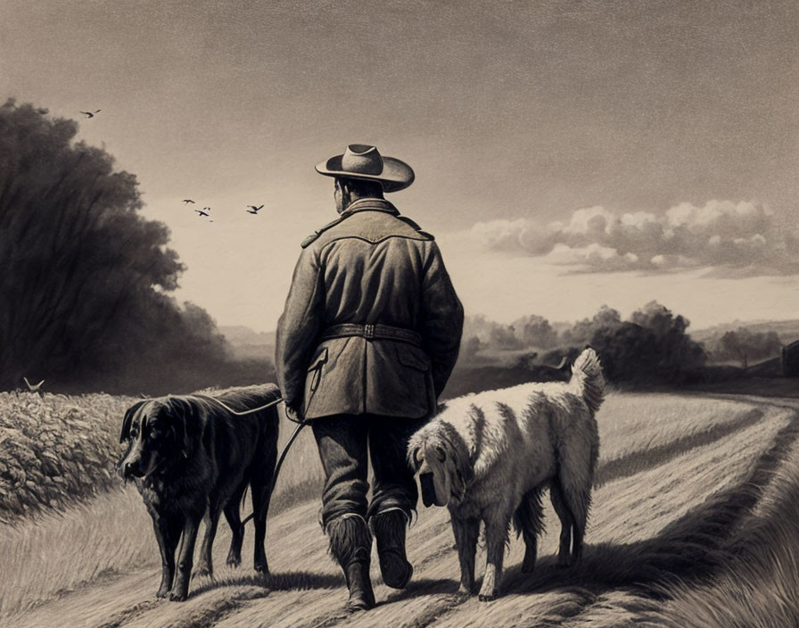 Person in hat and jacket walking with two dogs on country road with birds flying above rural landscape