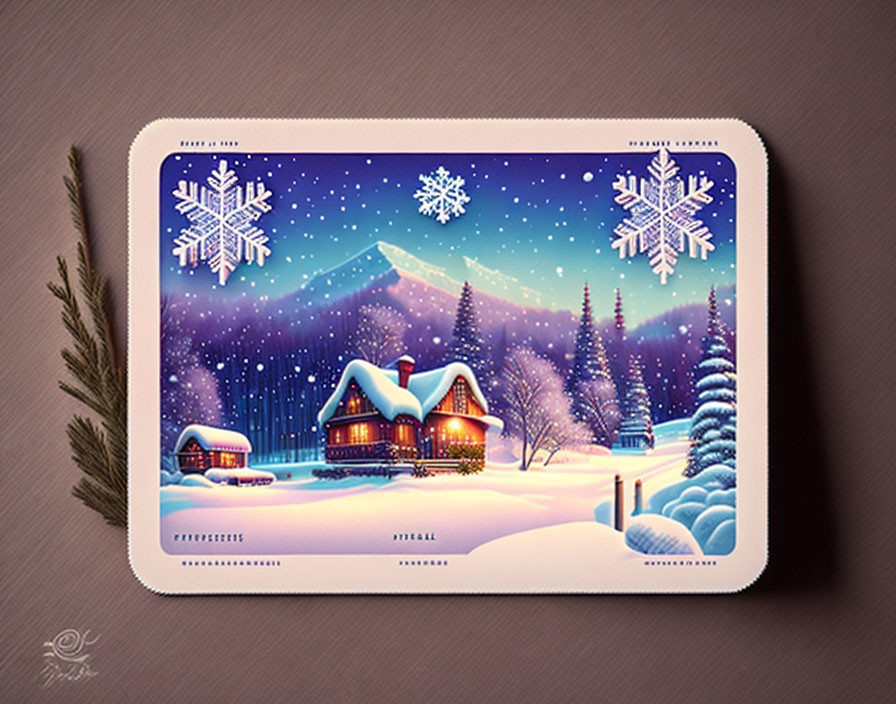 Winter Scene Digital Illustration: Snow-covered houses, trees, mountains, snowflakes, pine branch