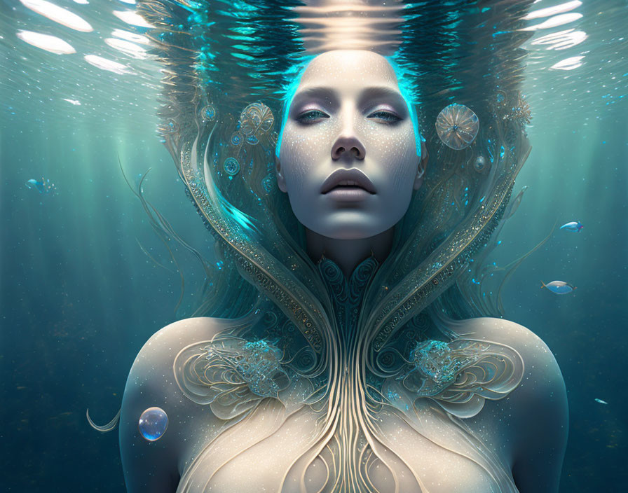 Ethereal woman underwater with light, fish, and organic patterns