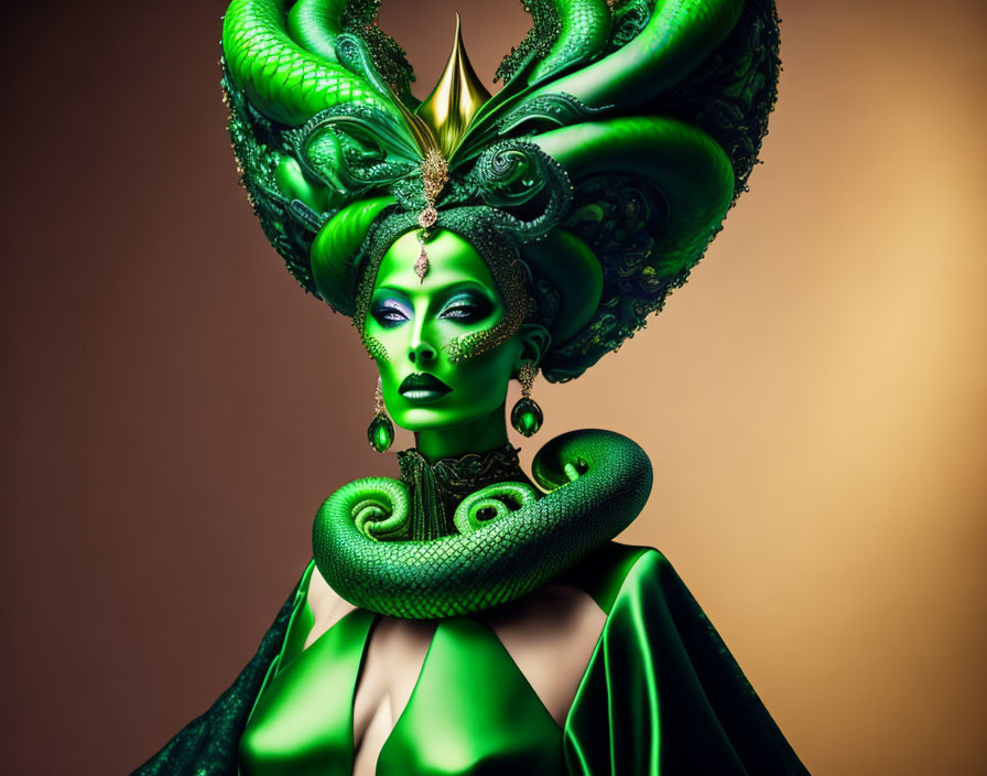 Elaborate Green Snake-Themed Costume on Brown Background