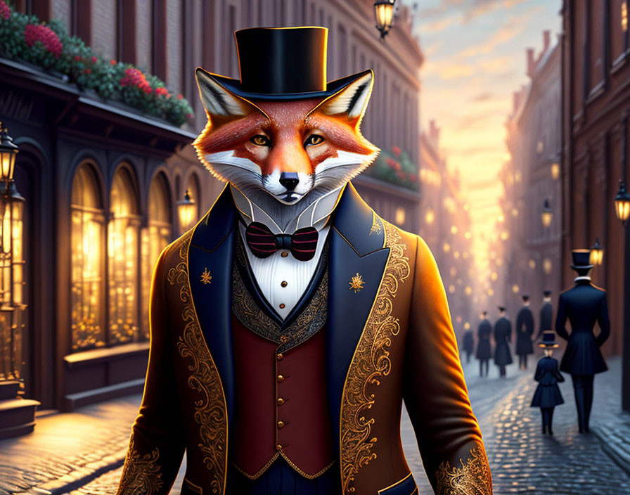 Elegant anthropomorphic fox in 19th-century attire on historical city street