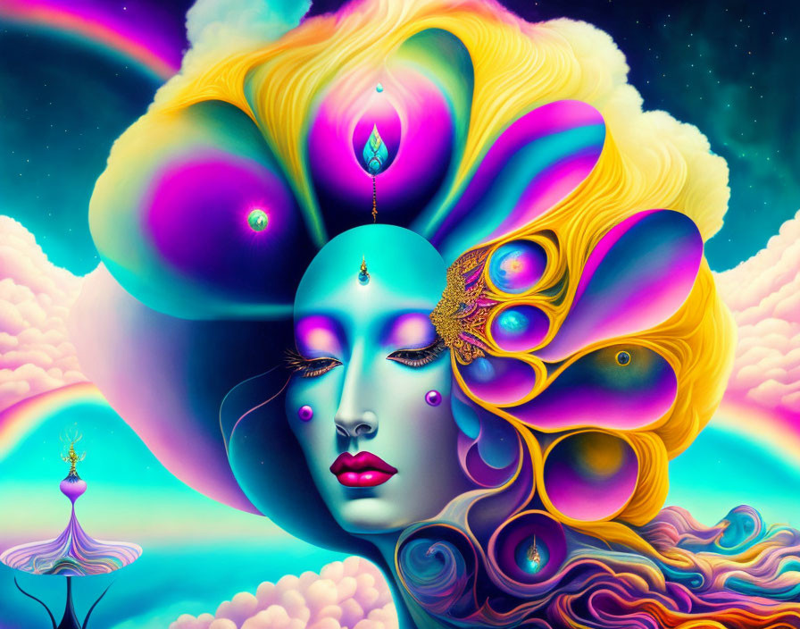 Colorful surreal artwork: Face with flowing hair in cosmic setting