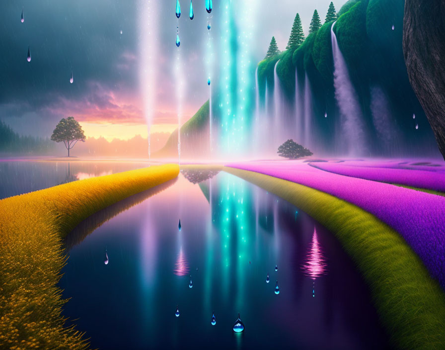 Colorful Fantasy Landscape with Mirrored Lake and Waterfalls