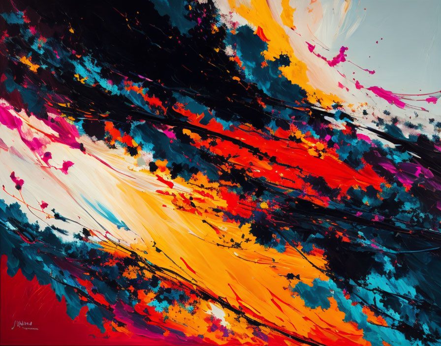 Colorful Abstract Painting with Explosive Splashes on Dark Background