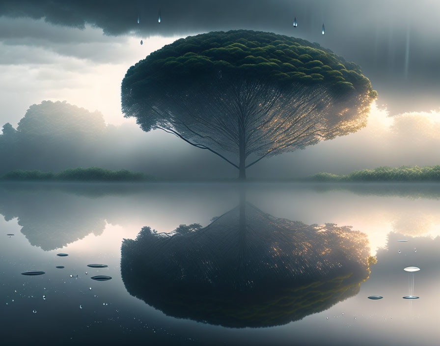 Lush Canopy Tree by Reflective Lake Under Stormy Sky