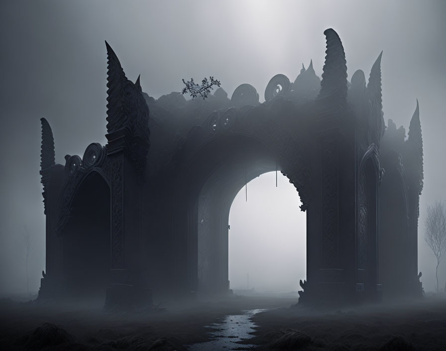 Gothic archway in foggy landscape with ornate details