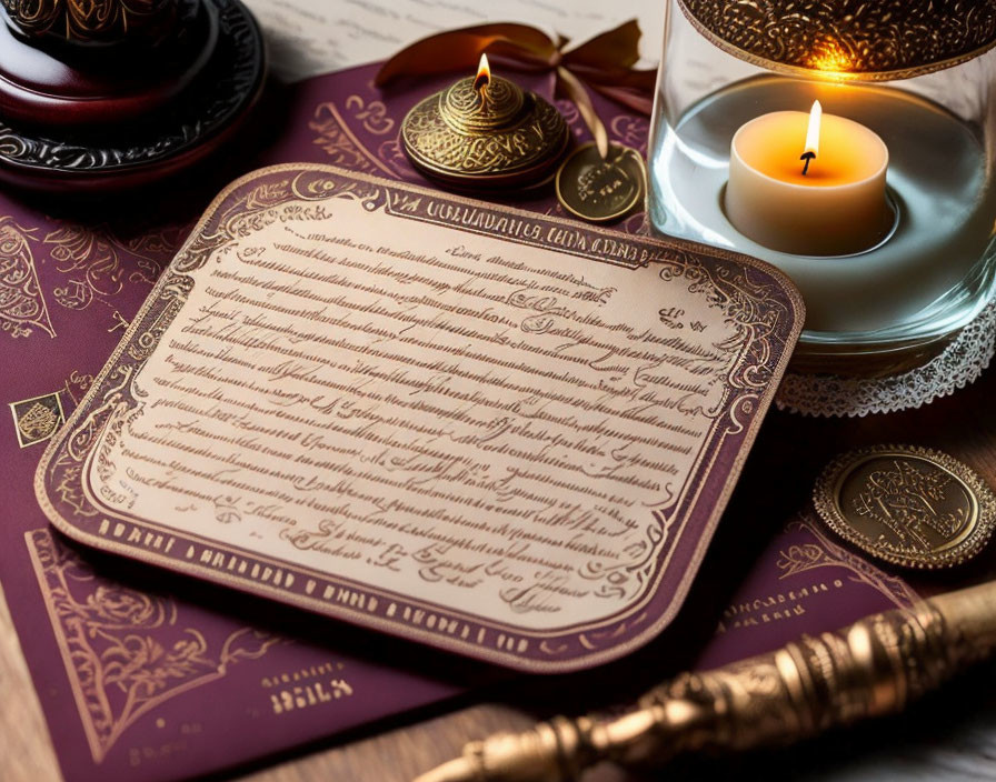 Vintage patterned backdrop with elegantly scripted invitation, lit candle, wax seal stamp, and sealing wax