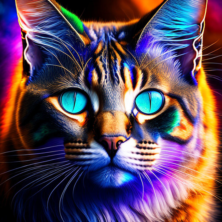 Colorful Digital Artwork: Cat with Blue Eyes and Neon Fur