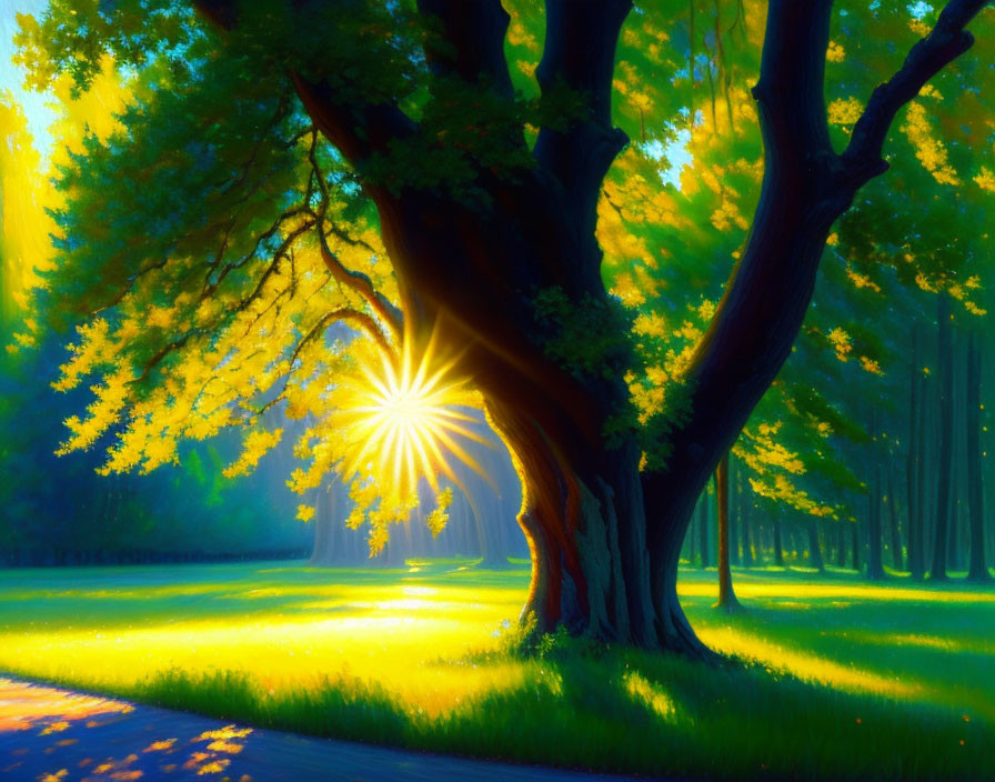 Vibrant forest scene with sunbeams and majestic trees