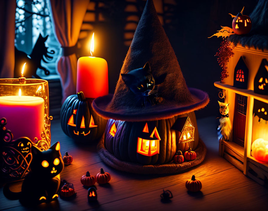 Festive Halloween scene with candles, black cat in witch hat, haunted houses, pumpkins,