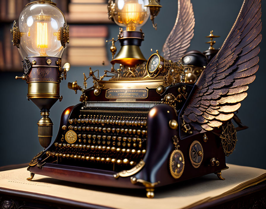 Steampunk-style typewriter with mechanical wings on wooden table among books