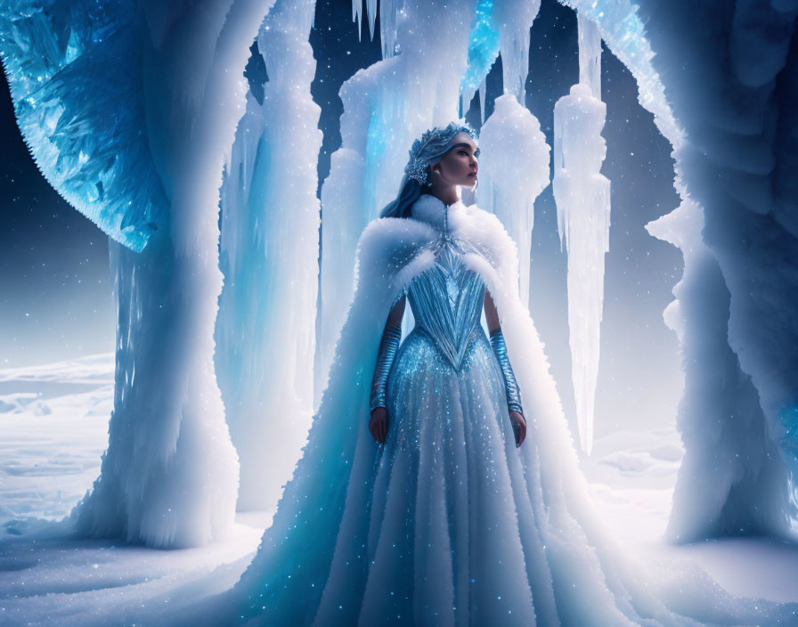 Regal figure in white and blue gown in icy crystal cave