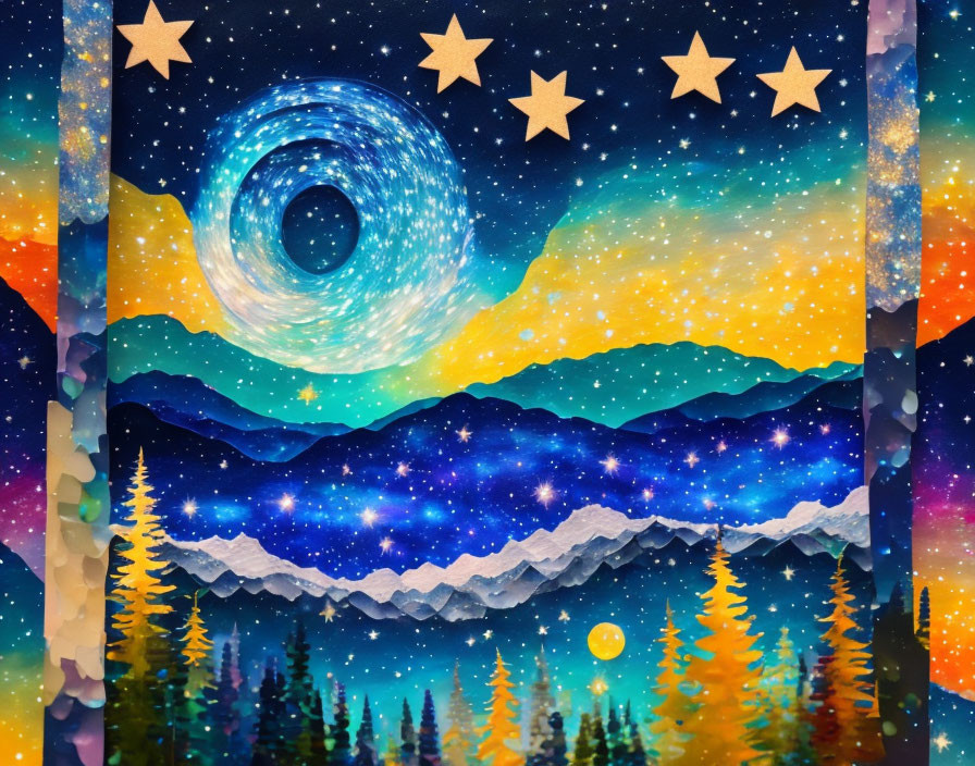 Surreal landscape with starry sky, mountains, pine trees