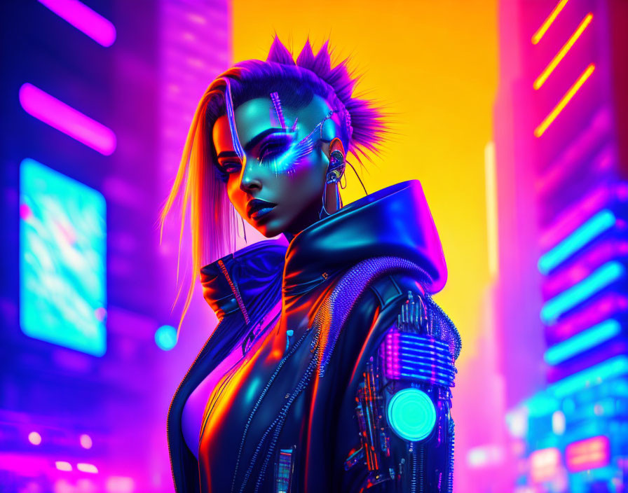 Futuristic cyberpunk image of female with mohawk in neon cityscape