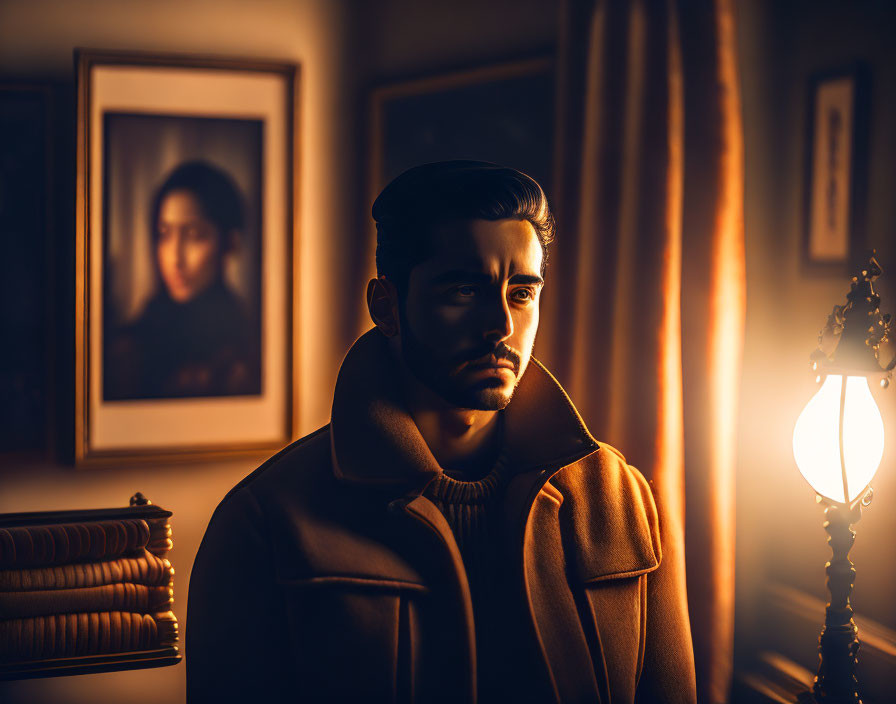 Man in warm-lit vintage room with portrait & ornate lamp