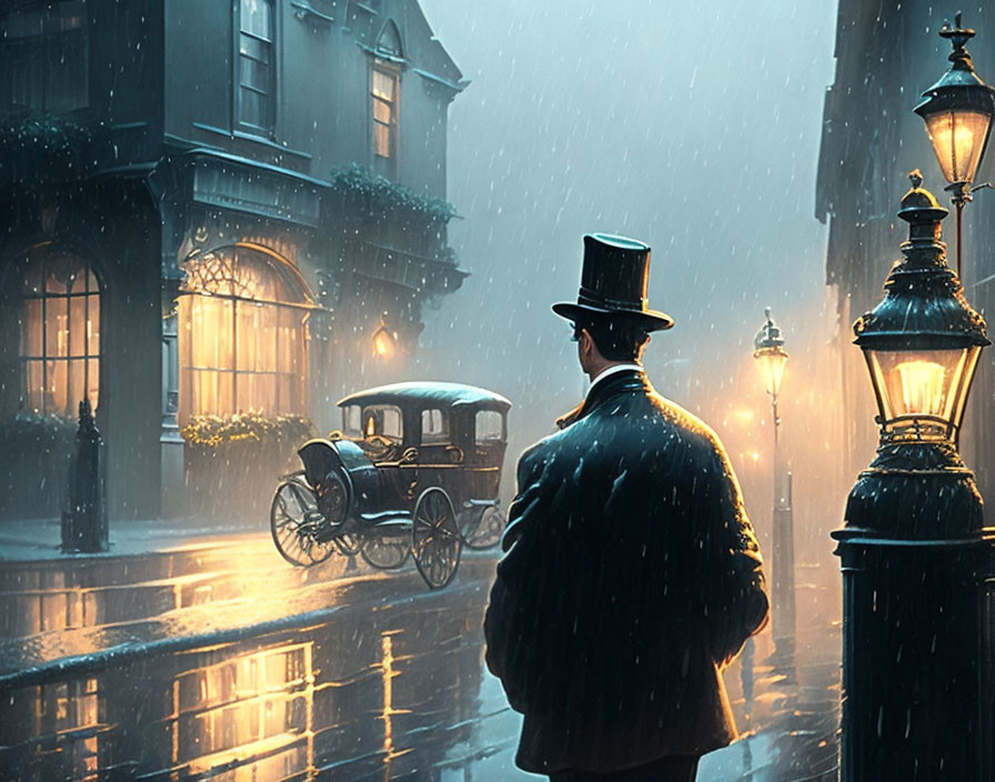 Man in top hat on rain-soaked cobblestone street at night with old-fashioned car and gas